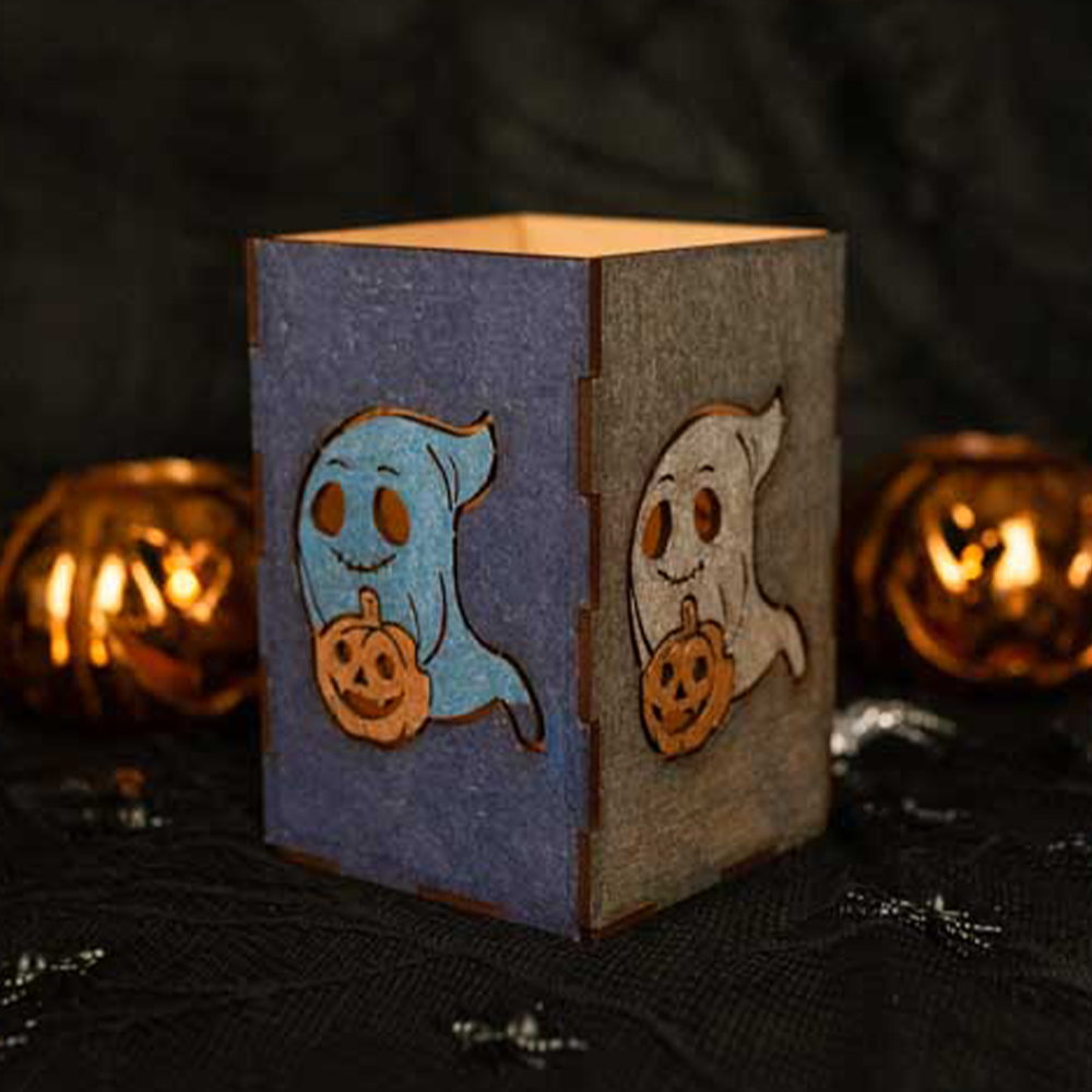 Halloween Wooden Ghost Holding Pumpkin - Decorative Lantern Kit - Electric Tealight Holder - Standard - Slate & Rose