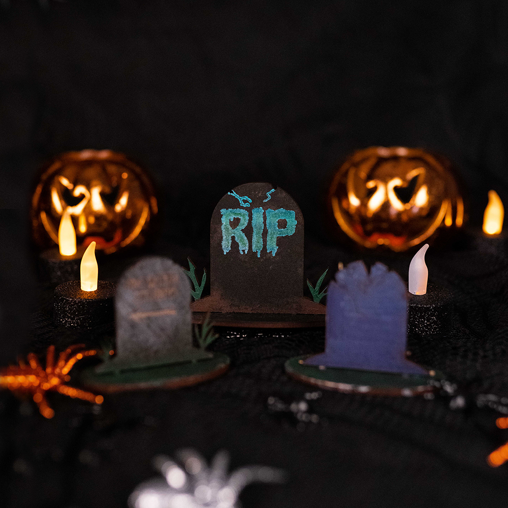 Halloween Spooky Engraved Wooden Gravestone 3-Piece Set - Standard - Slate & Rose