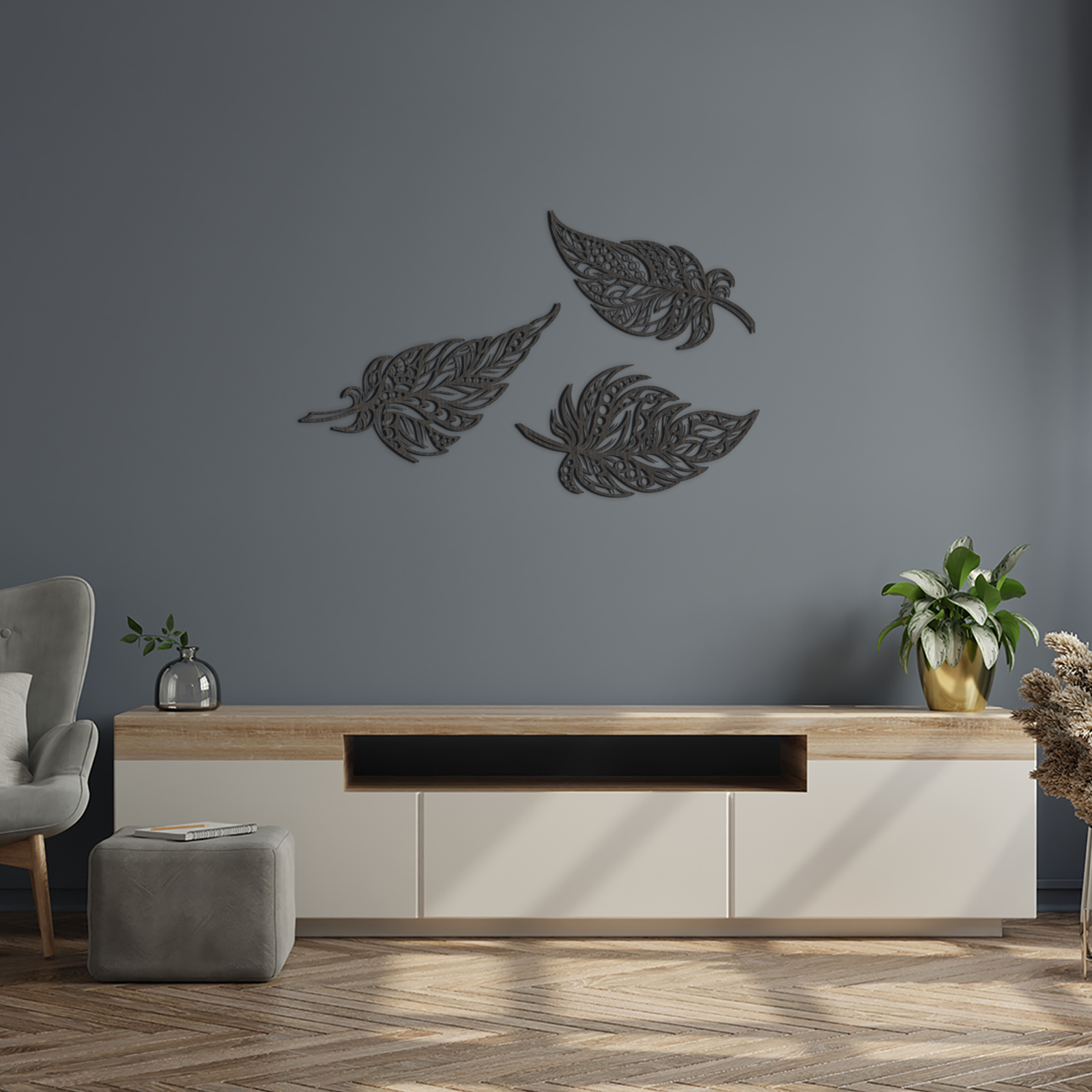 Feather Wall Art - 3 Pack - Slate & Rose