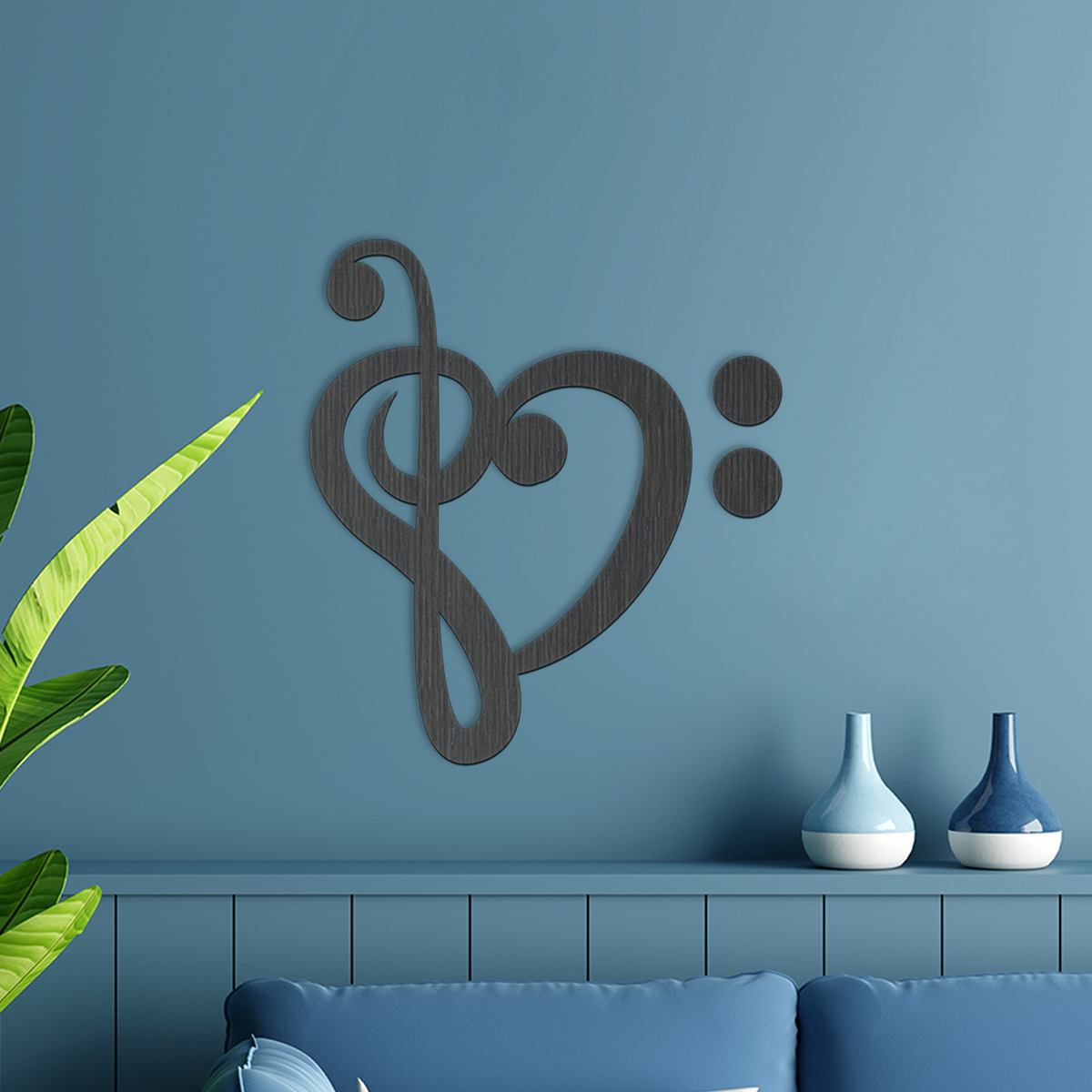 Music Note Wall Art - Bass Clef Heart Note - Slate & Rose