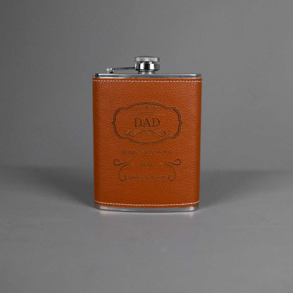 Personalised Brown Leather 8oz Hip Flask with Funnel - Dad - Slate & Rose