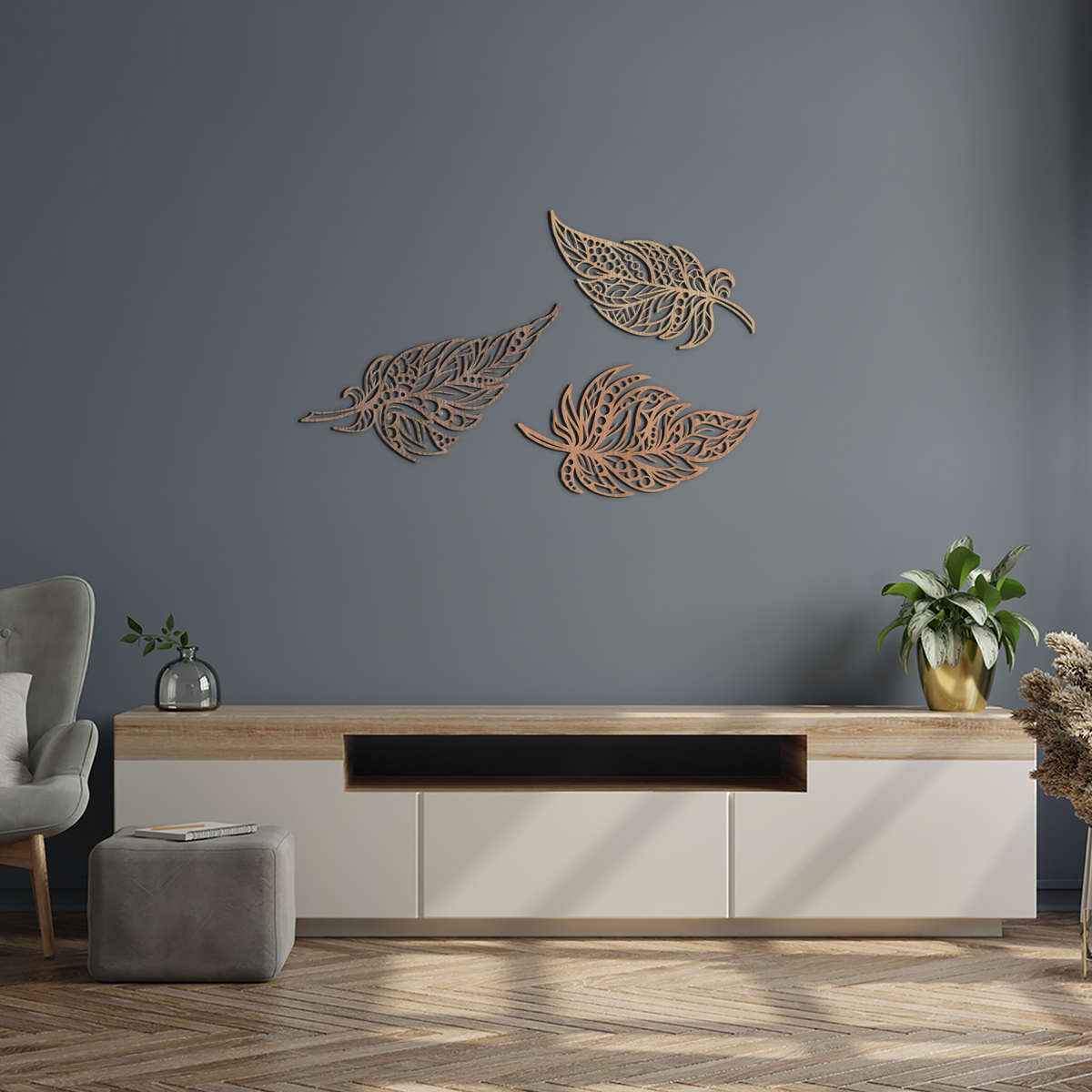 Feather Wall Art - 3 Pack - Slate & Rose