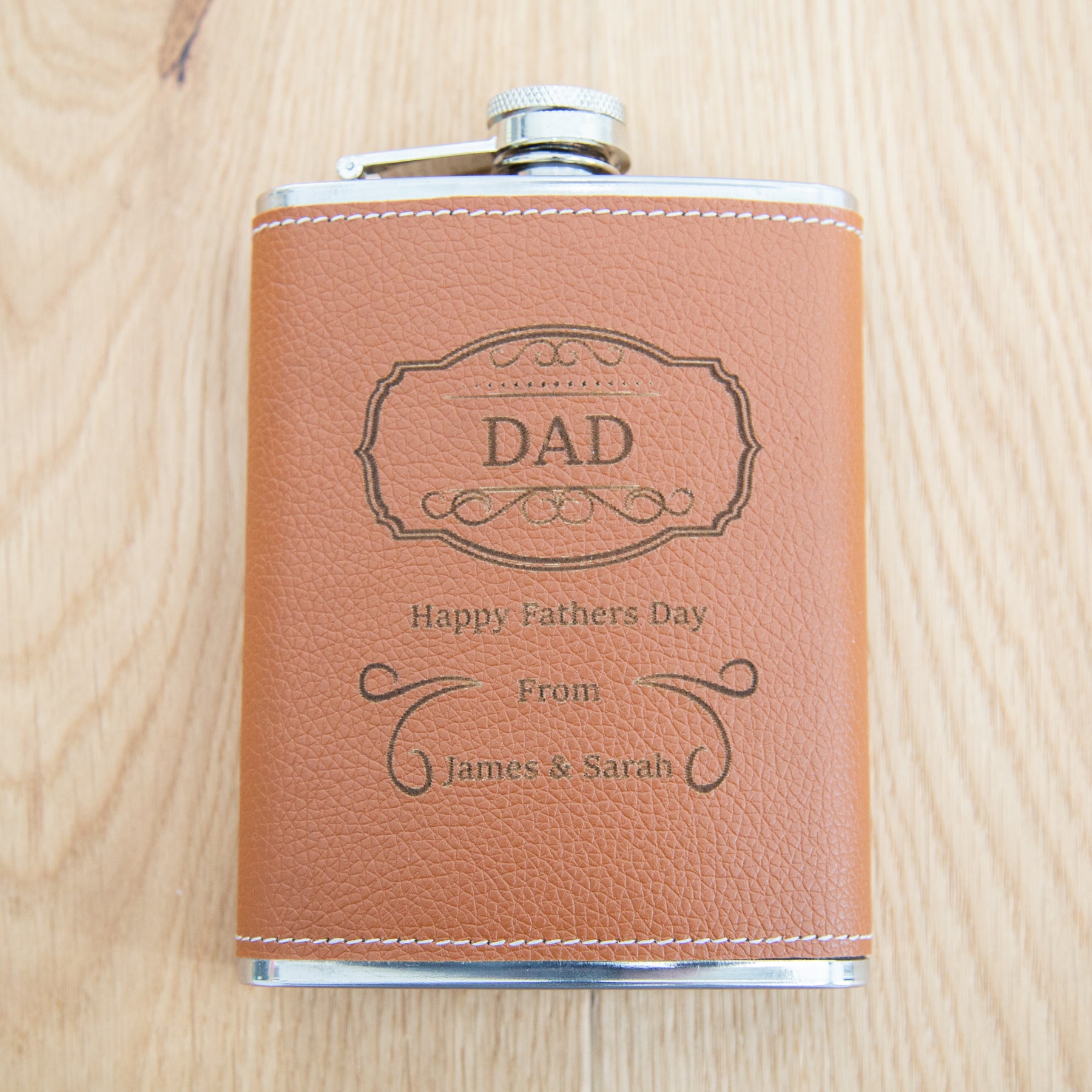 Personalised Brown Leather 8oz Hip Flask with Funnel - Dad - Slate & Rose