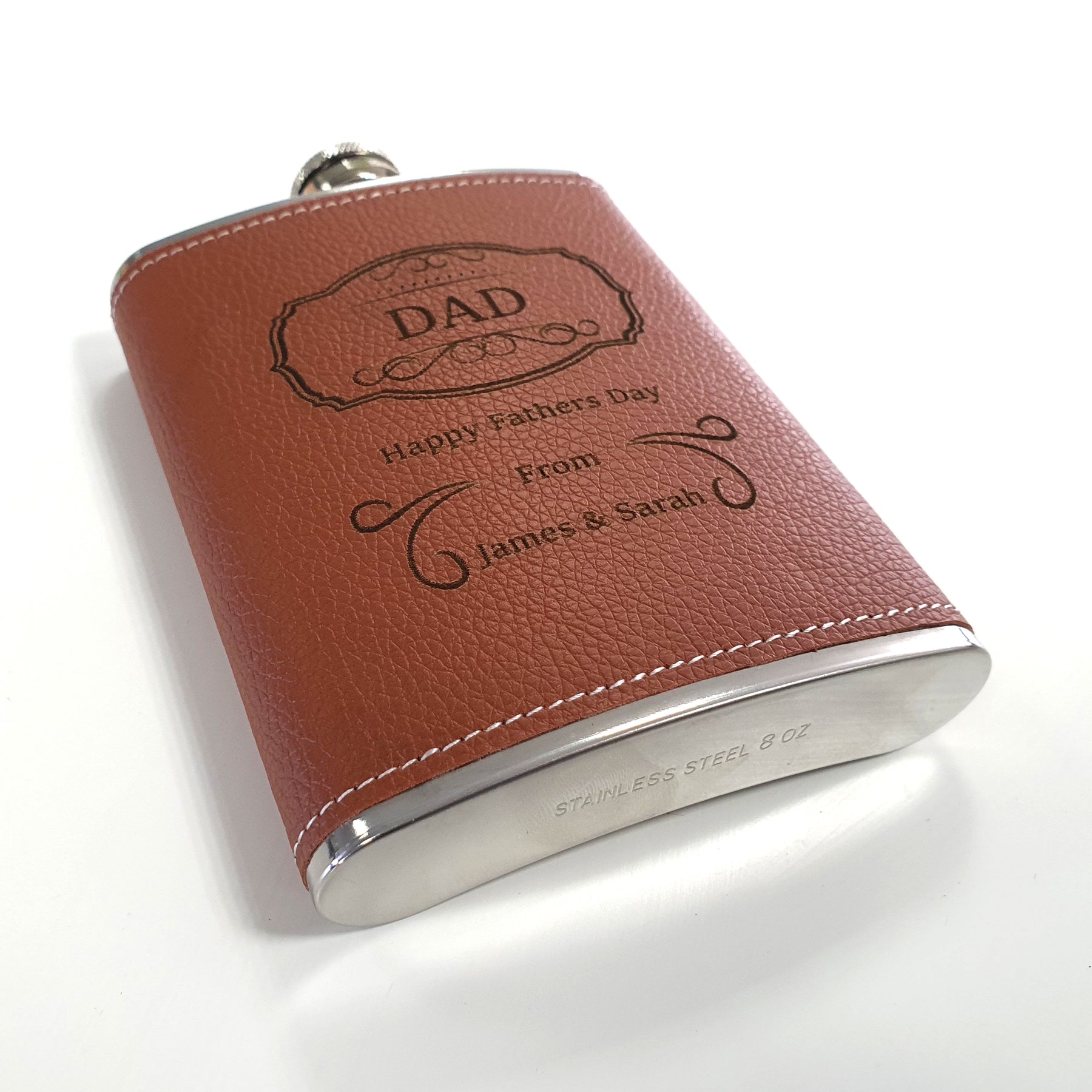 Personalised Brown Leather 8oz Hip Flask with Funnel - Dad - Slate & Rose