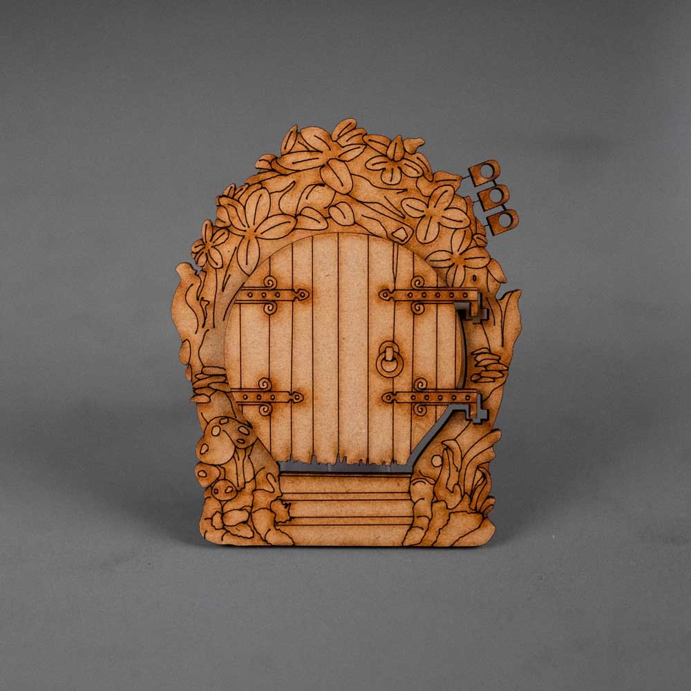 Wooden Engraved Opening Fairy Door - Fantasy Round Door - Slate & Rose